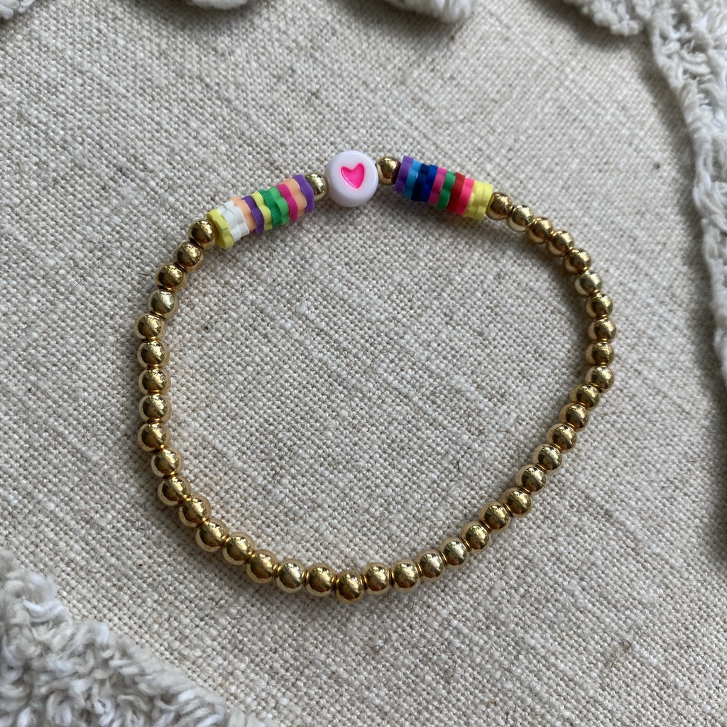 Gold Rainbow Heart Bead Stretch Bracelet
